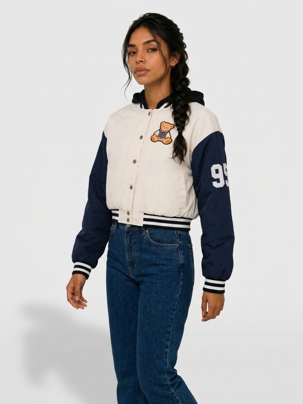 Varsity Teddy Patch Hooded Quilted Jacket - Navy & Cream Juniors Small NWT